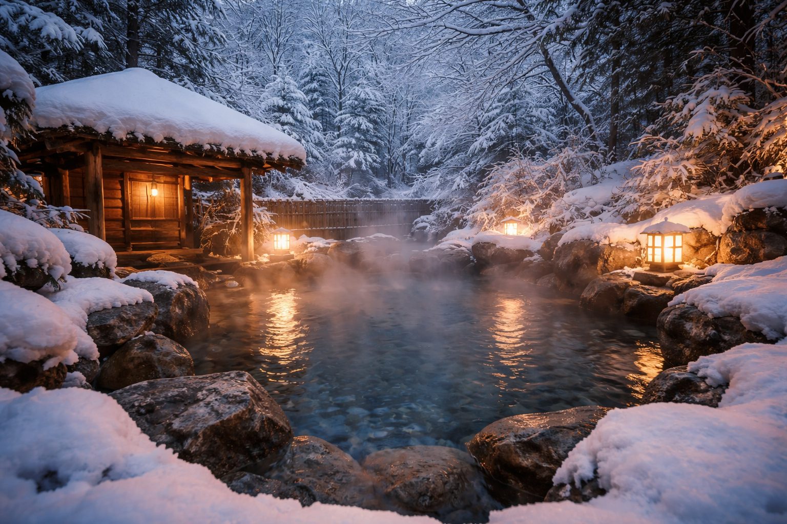 Un onsen bouillonnant à la tombée de la nuit et sous la neige